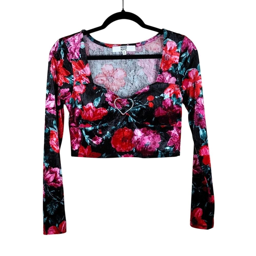 Madden NYC Crop Top Juniors Medium Red Floral Cherry Velour Rhinestone Heart